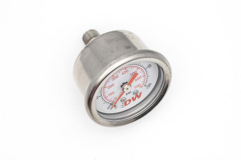 DeatschWerks mechanical fuel pressure gauge with 0-100 PSI range and 1/8 inch NPT fitting, featuring a clear dial display.