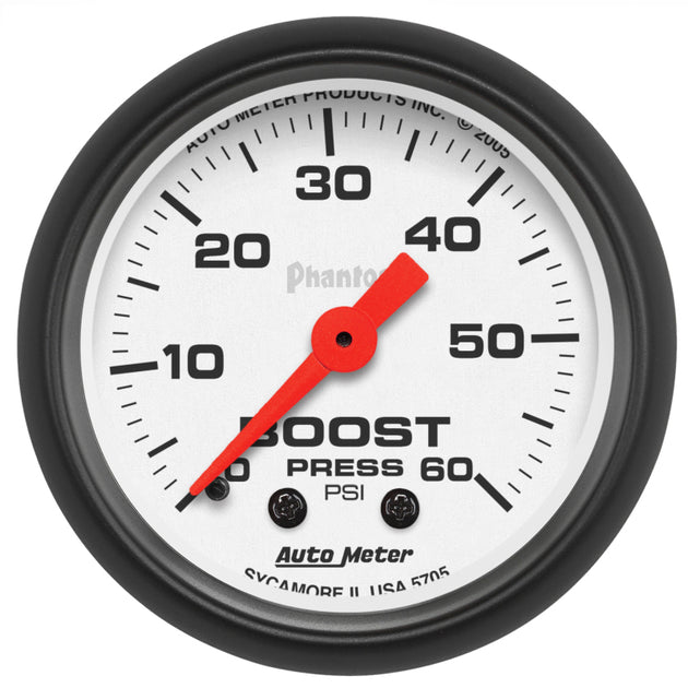 AutoMeter Phantom 52mm mechanical boost gauge displaying 0-60 PSI for monitoring turbo boost pressure in vehicles.