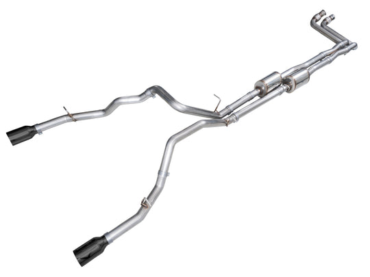 AWE Tuning 2025+ RAM 1500 3.0TT Rebel cat-back exhaust with diamond black tips, showcasing polished metal and dual outlet design.