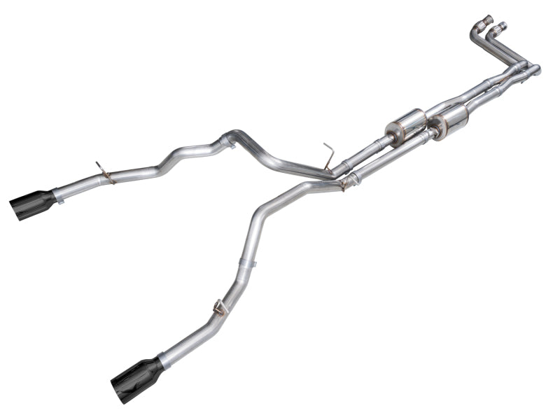 AWE Tuning 2025+ RAM 1500 3.0TT Rebel cat-back exhaust with diamond black tips, showcasing polished metal and dual outlet design.