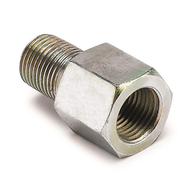 AutoMeter Metric Oil Pressure Adapter for gauges, metallic fitting with threaded ends for vehicle oil pressure monitoring.