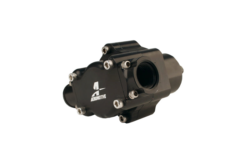 Aeromotive Atomic belt drive fuel pump with metallic finish and compact design for high-performance fuel delivery.