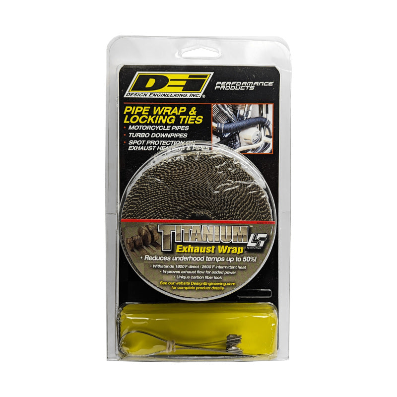 DEI Titanium Exhaust Wrap Kit with pipe wrap and locking tie for heat insulation and performance enhancement.