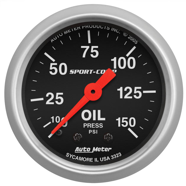 AutoMeter Sport Comp 52mm mechanical oil pressure gauge displaying a 0-150 PSI dial for automotive use