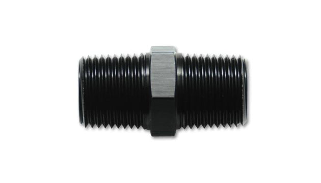 Vibrant aluminum 3/8-inch NPT straight union pipe fitting showing threaded ends and smooth body for secure connection