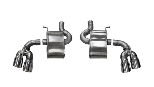 Polished CORSA Performance axle-back exhaust for Chevrolet Camaro SS 2017-2024 with 6.2L V8 engine, featuring dual tips and sleek finish.