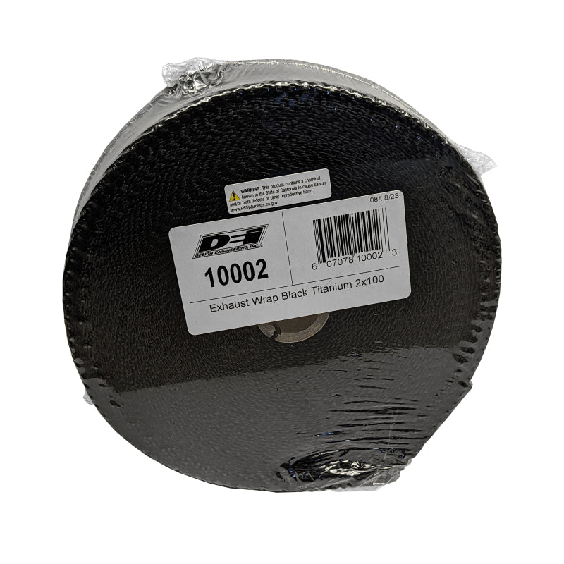 Black DEI Titanium Exhaust Wrap, 2-inch by 100 feet, designed to insulate and protect exhaust systems in automotive applications.
