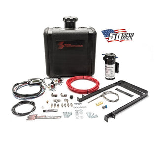 Snow Performance Stage 3 Boost Cooler Water Meth Kit with red high-temp tubing and quick fittings for enhanced engine cooling.