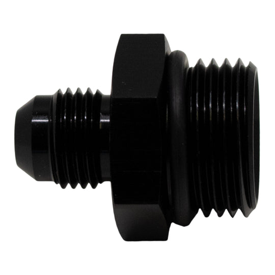 DeatschWerks 10AN ORB male to 6AN male flare adapter with O-ring, matte black anodized fitting for fuel and fluid connections.