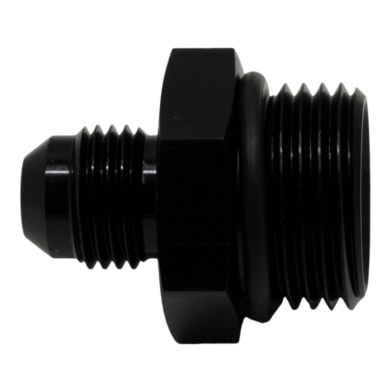 DeatschWerks 10AN ORB male to 6AN male flare adapter with O-ring, matte black anodized fitting for fuel and fluid connections.