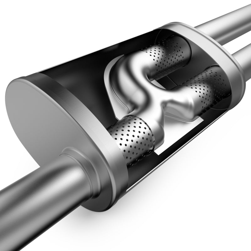 MagnaFlow Mag SS muffler with 18x5x8-inch dimensions and 3/2.5-inch O/D, shown in a close-up view.