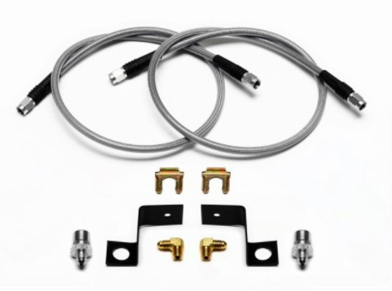 Wilwood 30-inch Flexline Kit for brake system, with -3 M10-1.0 fittings and 1/8 NPT 90-degree connectors, showing the flexible brake line