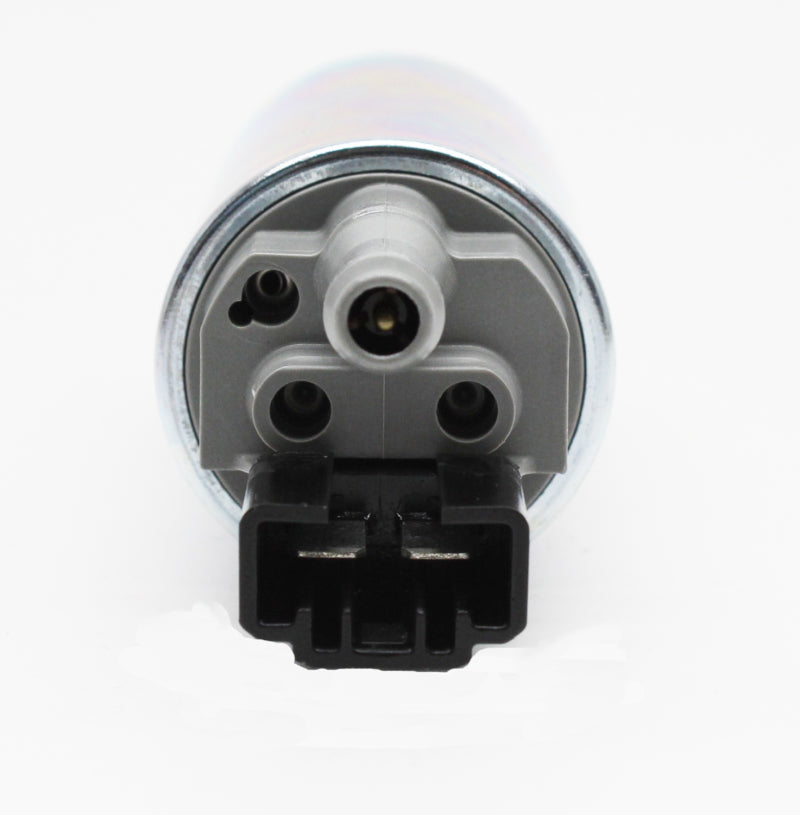 Walbro 255lph high pressure fuel pump for automotive use, showing the compact metal pump with inlet and outlet fittings.