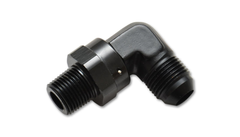 Vibrant 3AN to 1/8in NPT swivel 90-degree adapter fitting showing metal construction and swivel joint for secure connections.