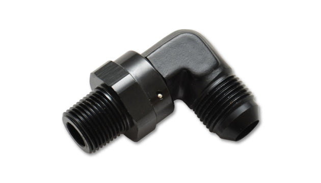 Vibrant -6AN to 3/8 inch NPT male swivel 90-degree adapter fitting, metal with threaded ends, used in automotive or industrial plumbing