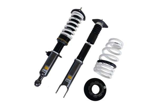 HKS HIPERMAX S Z34 coilovers installed on a Nissan 350Z, showcasing the adjustable suspension components and sleek design.