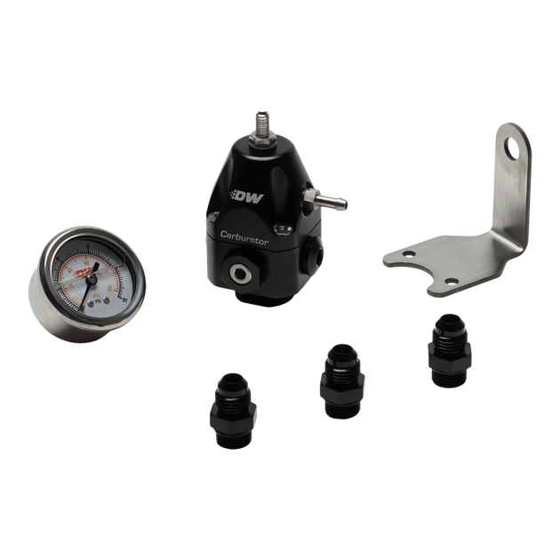 DeatschWerks DWR550C adjustable fuel pressure regulator with 6AN fittings and gauge, designed for performance engine tuning.