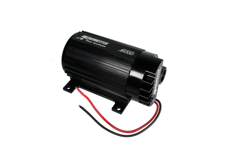 Aeromotive A1000 brushless external inline fuel pump with metal body and wiring, designed for high-performance automotive fuel systems.