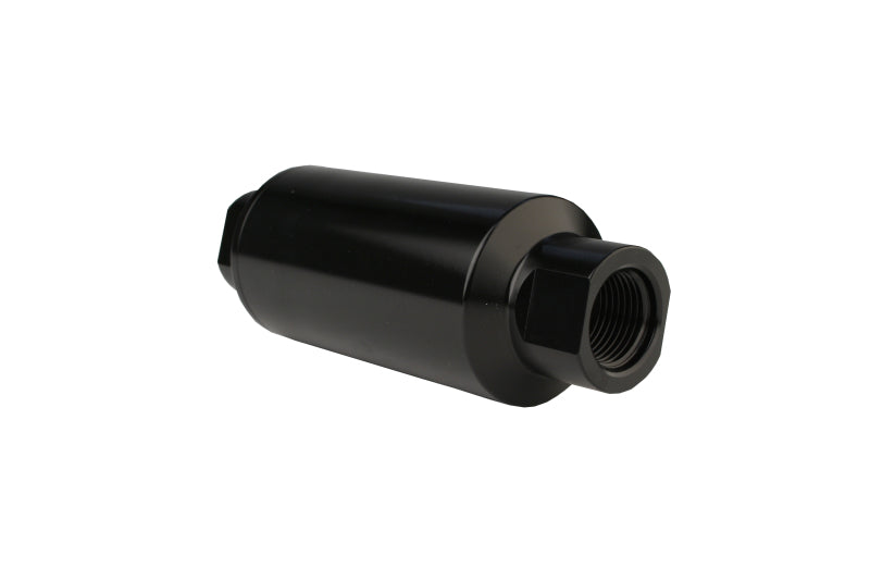 Aeromotive AN-10 black in-line fuel filter with 100 micron mesh for automotive fuel filtration, shown in the image.