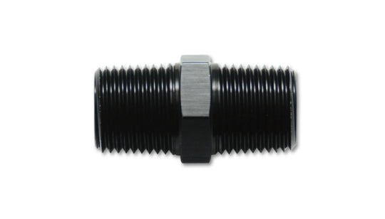 Vibrant aluminum 1/4 inch NPT straight union pipe fitting showing threaded ends and smooth aluminum surface