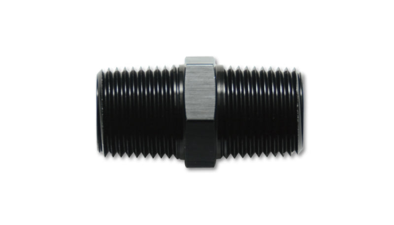 Vibrant aluminum 1/4 inch NPT straight union pipe fitting showing threaded ends and smooth aluminum surface
