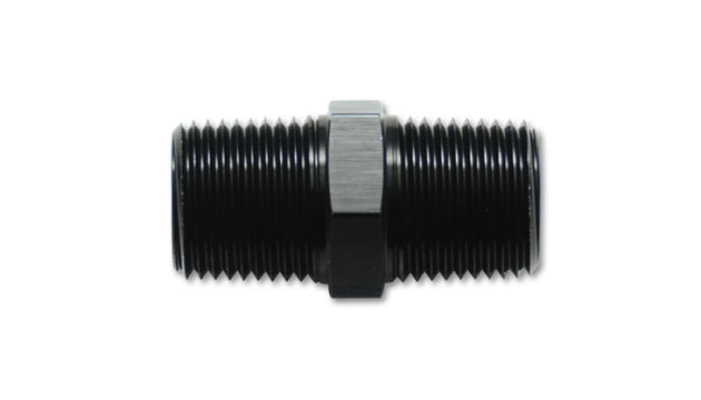 Vibrant aluminum 1/2 inch NPT straight union pipe fitting showing smooth, metallic surface with threaded ends for plumbing connections.