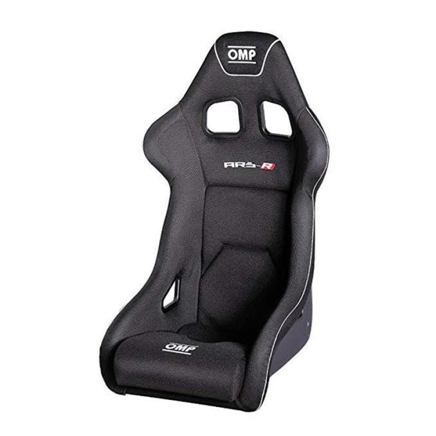 Black OMP ARS Series fiberglass racing seat with contoured design and high-back support for motorsport safety and comfort.