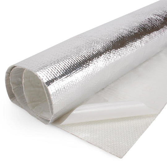 DEI 36x40 inch heat screen thermal wrap with Mylar radiant glass fiber matting and adhesive backing for heat insulation.