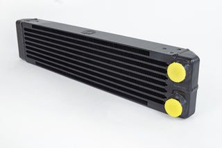 CSF universal dual-pass oil cooler with M22 x 1.5 connections, featuring dimensions 22x4.75x2.16 inches, for automotive cooling.