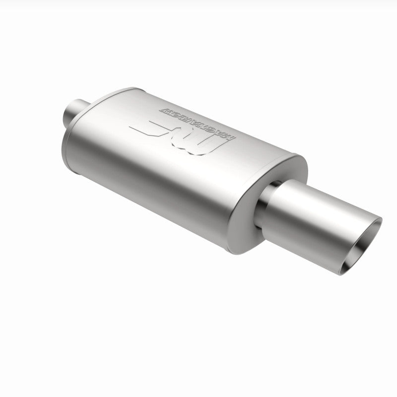Magnaflow MagnaFlow muffler with tip, model RS 14X5X8, featuring 2.25/4 inch inlet and outlet pipes, for vehicle exhaust system.