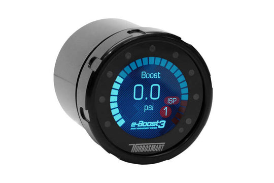 Turbosmart EB3 60PSI 60mm black boost controller mounted on engine component with clear branding and control knob visible