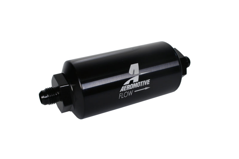 Aeromotive in-line fuel filter with AN-6 male fittings, 40 micron stainless mesh element, bright dip black finish.