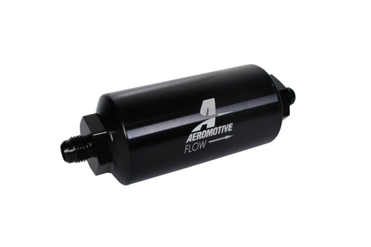 Aeromotive in-line fuel filter with black finish, AN-6 male fitting and 40-micron stainless mesh element for automotive fuel systems.