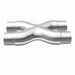 MagnaFlow Smooth Trans X 2.25/2.25 stainless steel X pipe for exhaust systems, showing the polished metal and pipe connections.