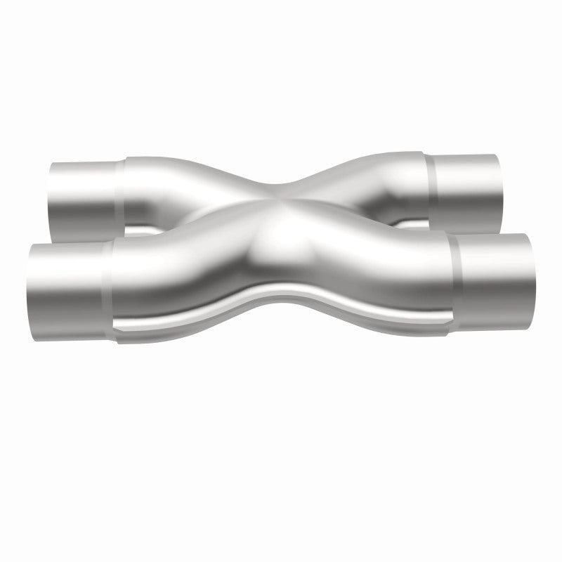 MagnaFlow Smooth Trans X 2.25/2.25 stainless steel X pipe for exhaust systems, showing the polished metal and pipe connections.