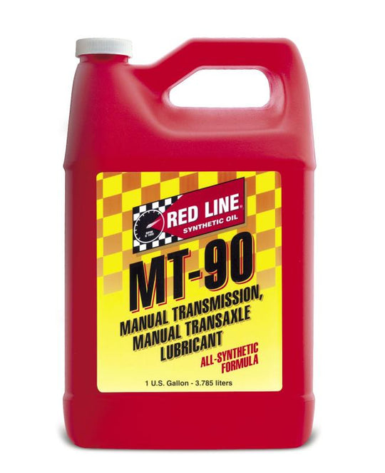 Red Line MT-90 75W90 gear oil in a gallon container, suitable for transmissions and differentials, displayed in the image.
