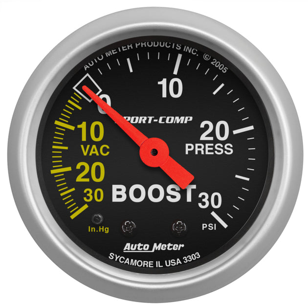 AutoMeter Sport-Comp 52mm mechanical boost gauge with 30 PSI display, showing the dial and measurement markings.