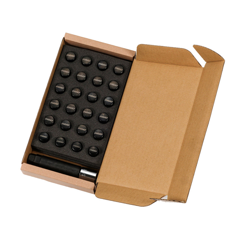 Rays M12x1.50 6-hole black lock and nut lug set, 24 pieces, with matching lock and nut components for vehicle wheels.
