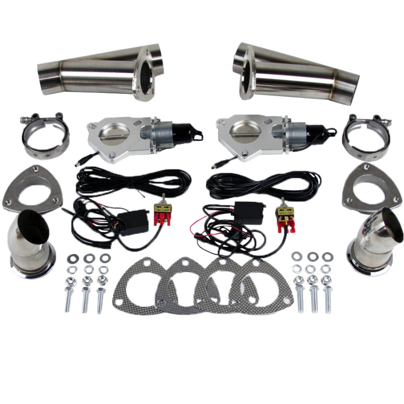 Granatelli Motor Sports 2.5-inch stainless steel dual exhaust cutout showing polished metal and valve mechanism.