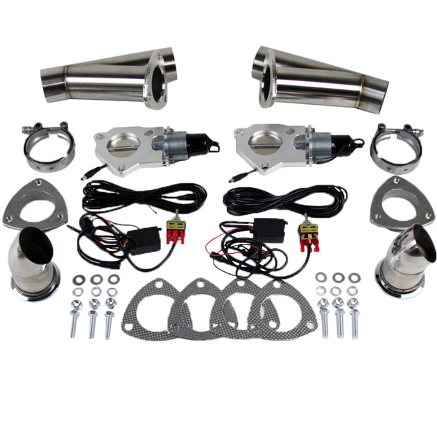 Granatelli Motor Sports 2.5-inch stainless steel dual exhaust cutout showing polished metal and valve mechanism.