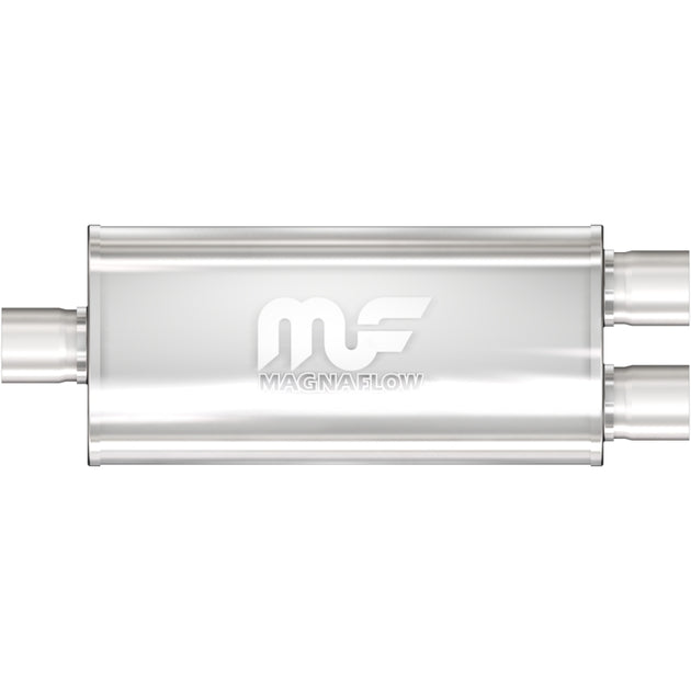 MagnaFlow Mag SS muffler with 14x5x8 inches size and 2.5-inch diameter, featuring a sleek stainless steel design.