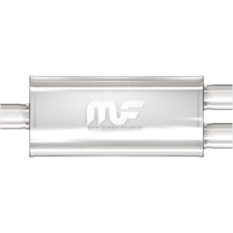 MagnaFlow Mag SS muffler with 14x5x8 inches size and 2.5-inch diameter, featuring a sleek stainless steel design.