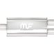 MagnaFlow Mag SS muffler with 18x5x8 inch dimensions and dual 2.5-inch inlet and outlet pipes, stainless steel construction.