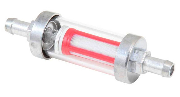 K&N 5/16in x 3/8in universal replacement inline fuel filter showing clear plastic body and metal fittings for automotive use