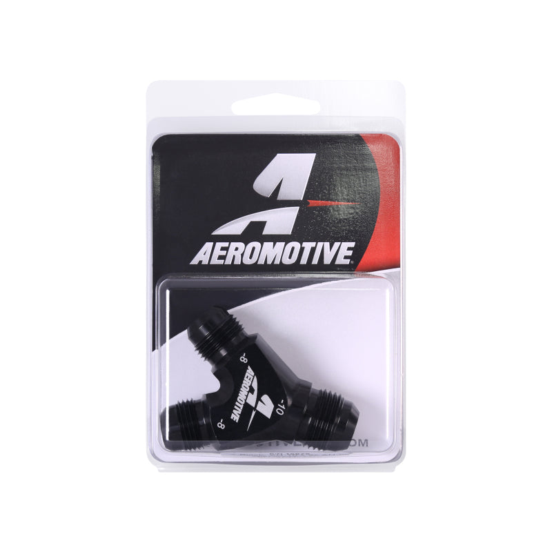 Aeromotive AN-10 Y-Block fitting with two AN-08 ports for automotive fuel or oil lines, black metal finish, detailed close-up image.