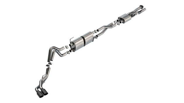 Borla cat-back exhaust system for Ford F250/F350 SD 7.3L V8, black chrome finish, shown installed on pickup truck.