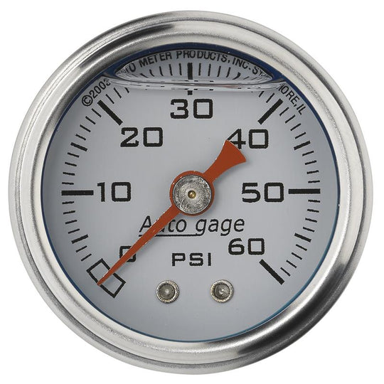 AutoMeter AutoGage 1.5-inch white liquid-filled mechanical fuel pressure gauge showing 0-60 PSI with detailed dial and needle.