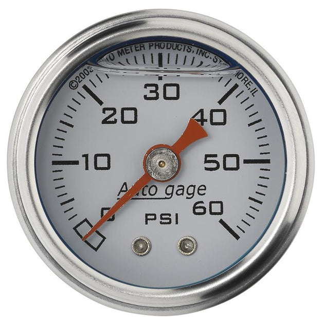 AutoMeter AutoGage 1.5-inch white liquid-filled mechanical fuel pressure gauge showing 0-60 PSI with detailed dial and needle.