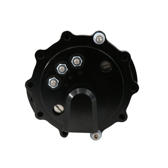 Aeromotive brushless spur gear in-tank fuel pump with TVS controller, 7 GPM, showcasing the compact pump and wiring connections.