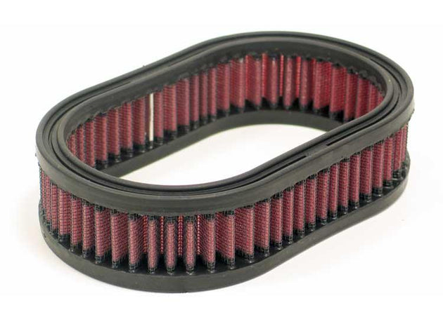 K&N Engineering custom oval air filter with 6.125-inch length, 3.625-inch width, and 1.75-inch height for drop-in replacement.